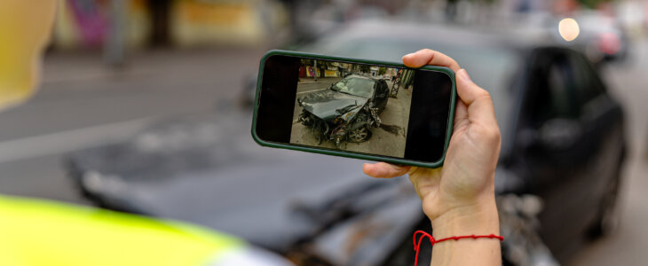 The young woman, using her mobile phone, captures detailed images of her car's damage after the collision
